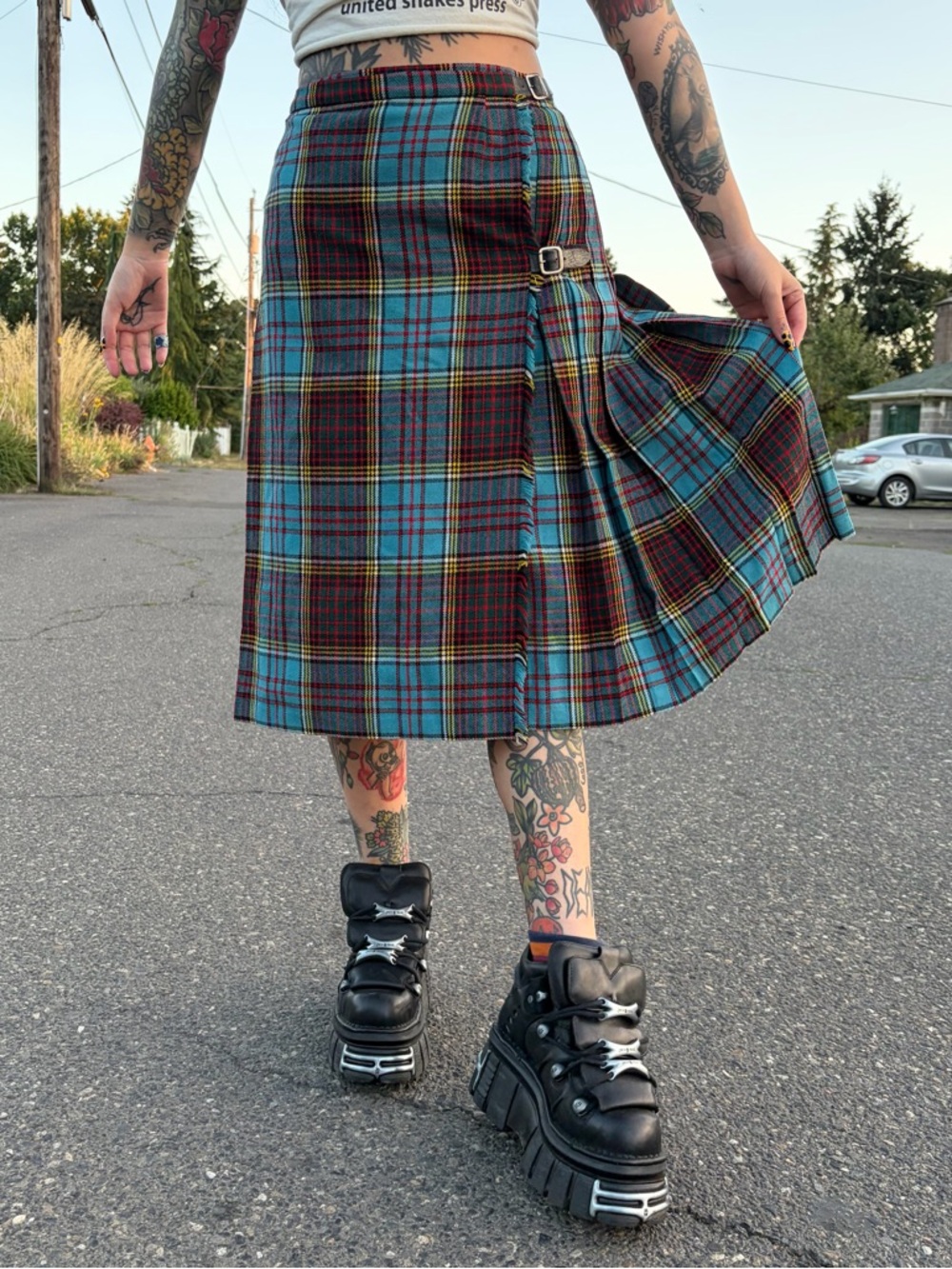 Vintage 50s Blue Tartan Plaid Wool Midi Skirt